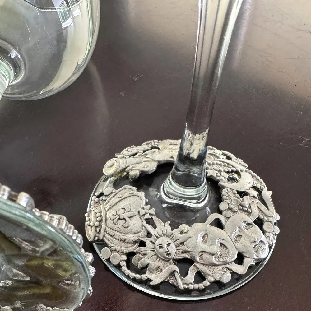 1990's Lindsay Claire Set of 2 Silver Pewter Base Wine Glasses Theater